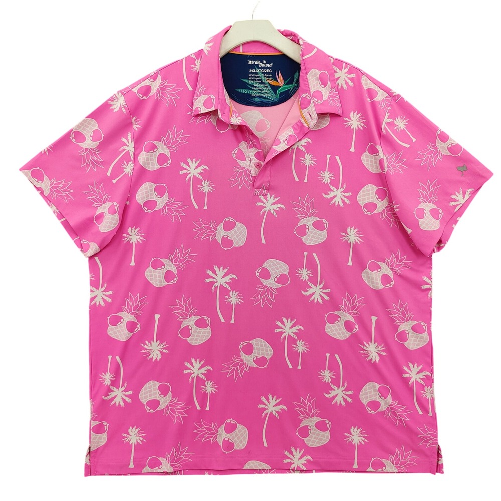 Birdie Bound Mens Tropical Golf Polo 2XL Pink Pineapple Palm Tree Short Sleeve